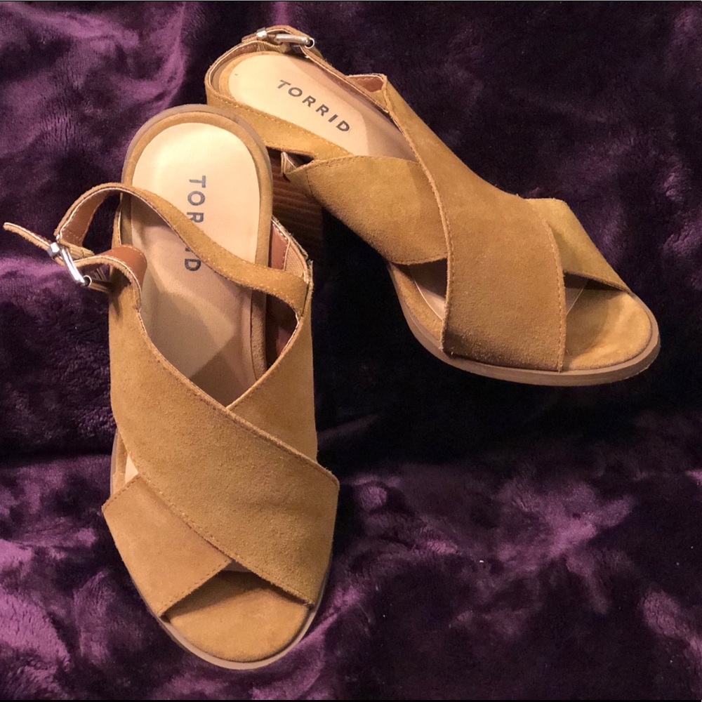 Torrid suede wide heeled sandals.